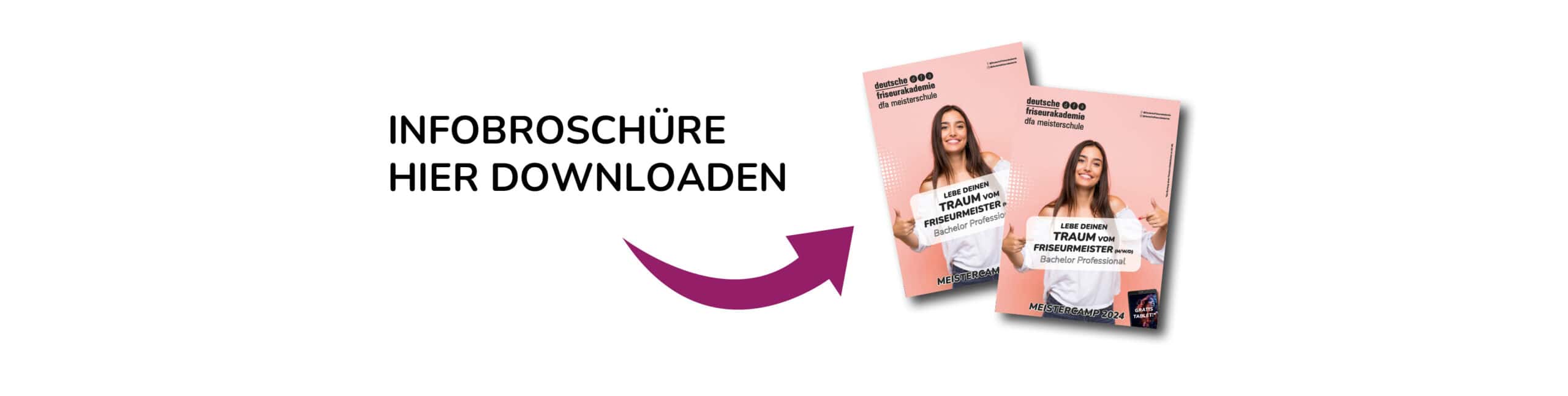 Zwei Infobroschüren der Deutschen Friseur Akademie mit einem pinken Hintergrund und einer Person, die lächelt.