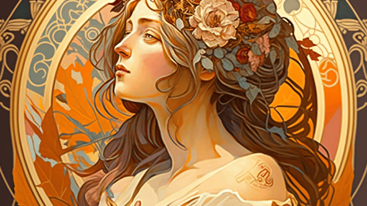 Illustration einer Frau mit einem Blumenkranz und langen Haaren in einem künstlerischen Stil.