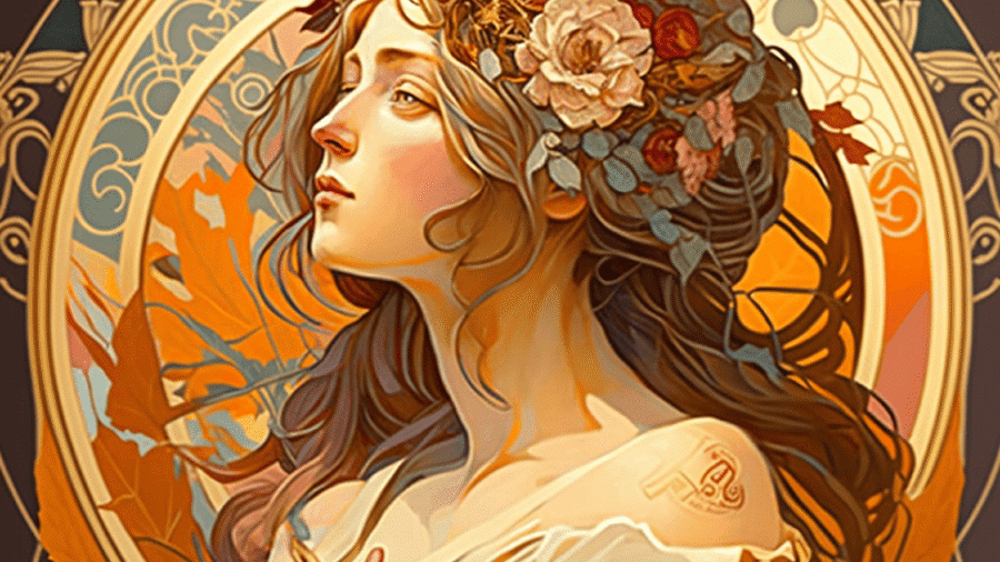 Illustration einer Frau mit einem Blumenkranz und langen Haaren in einem künstlerischen Stil.
