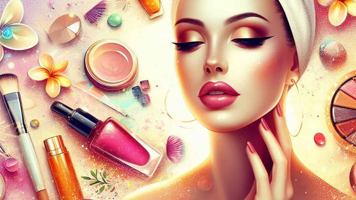 Frau mit Make-up und Kosmetikprodukten, umgeben von verschiedenen Schönheitsartikeln.