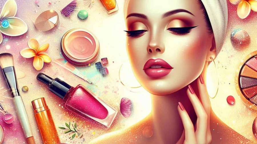 Frau mit Make-up und Kosmetikprodukten, umgeben von verschiedenen Schönheitsartikeln.