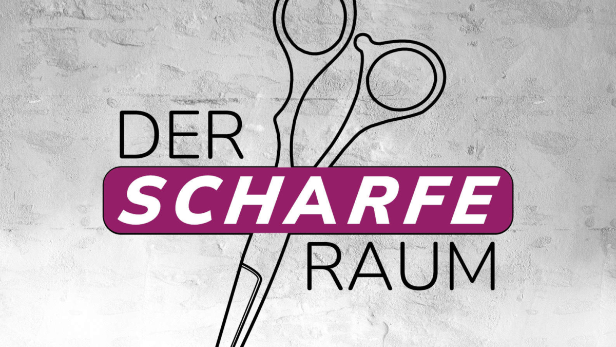 Logo von Der Scharfe Raum mit einer stilisierten Schere auf einem grauen Hintergrund.
