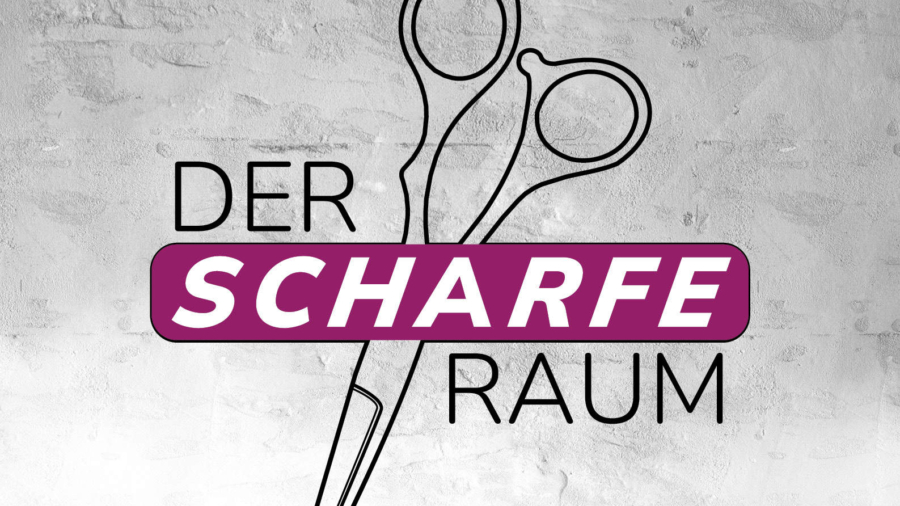 Logo von Der Scharfe Raum mit einer stilisierten Schere auf einem grauen Hintergrund.