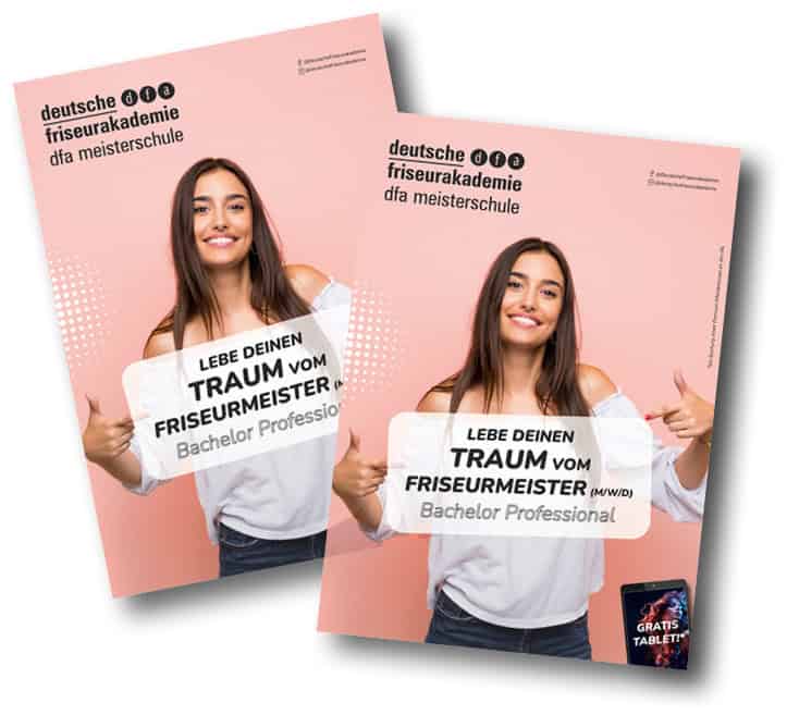 Zwei Infobroschüren der Deutschen Friseurakademie mit einer lächelnden Frau auf dem Cover.