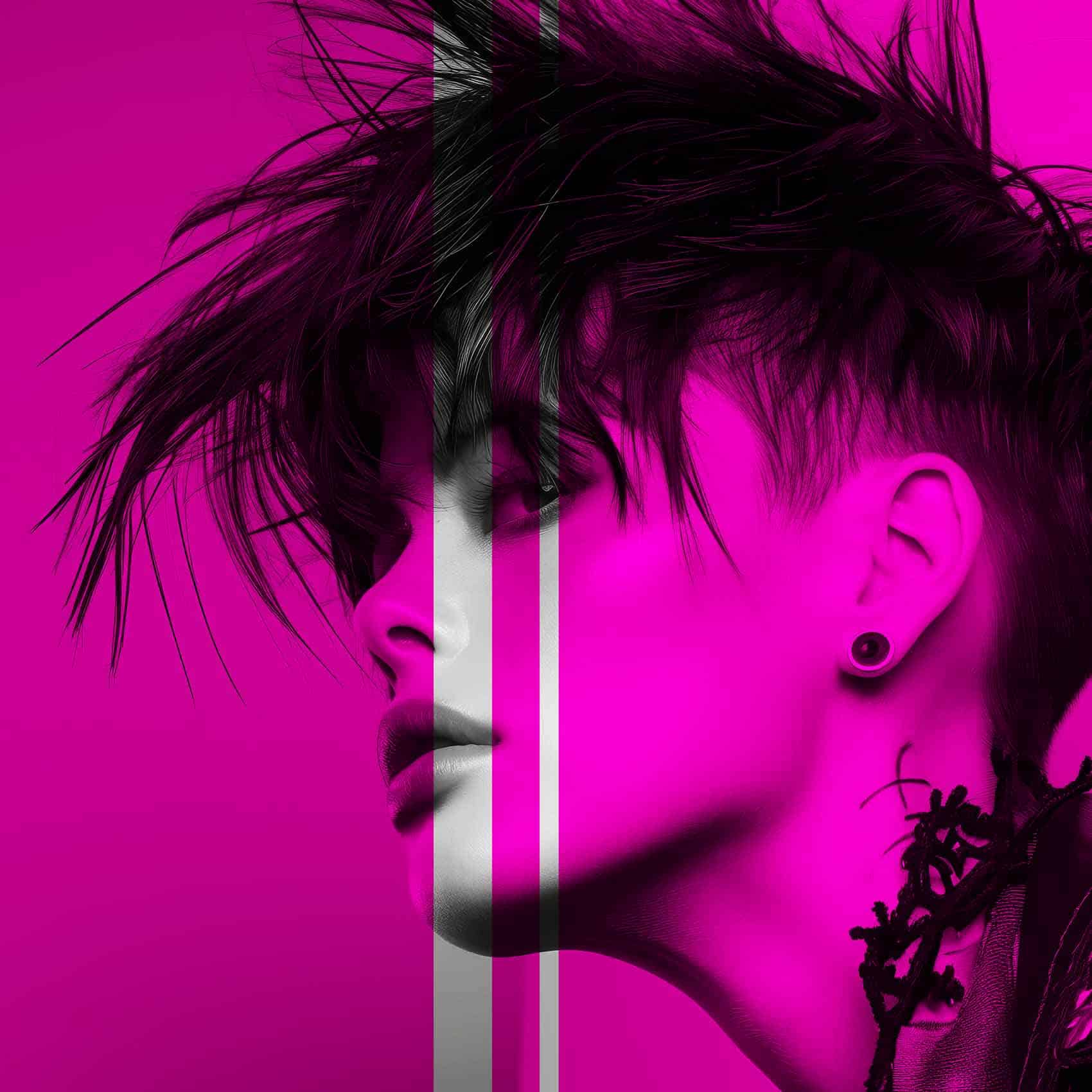 Der Countdown läuft: Knallpinkes Close-up mit schwarzem Haar, kontrastreicher Teilansicht von Gesicht und Blick, dynamischer Friseur-Look.