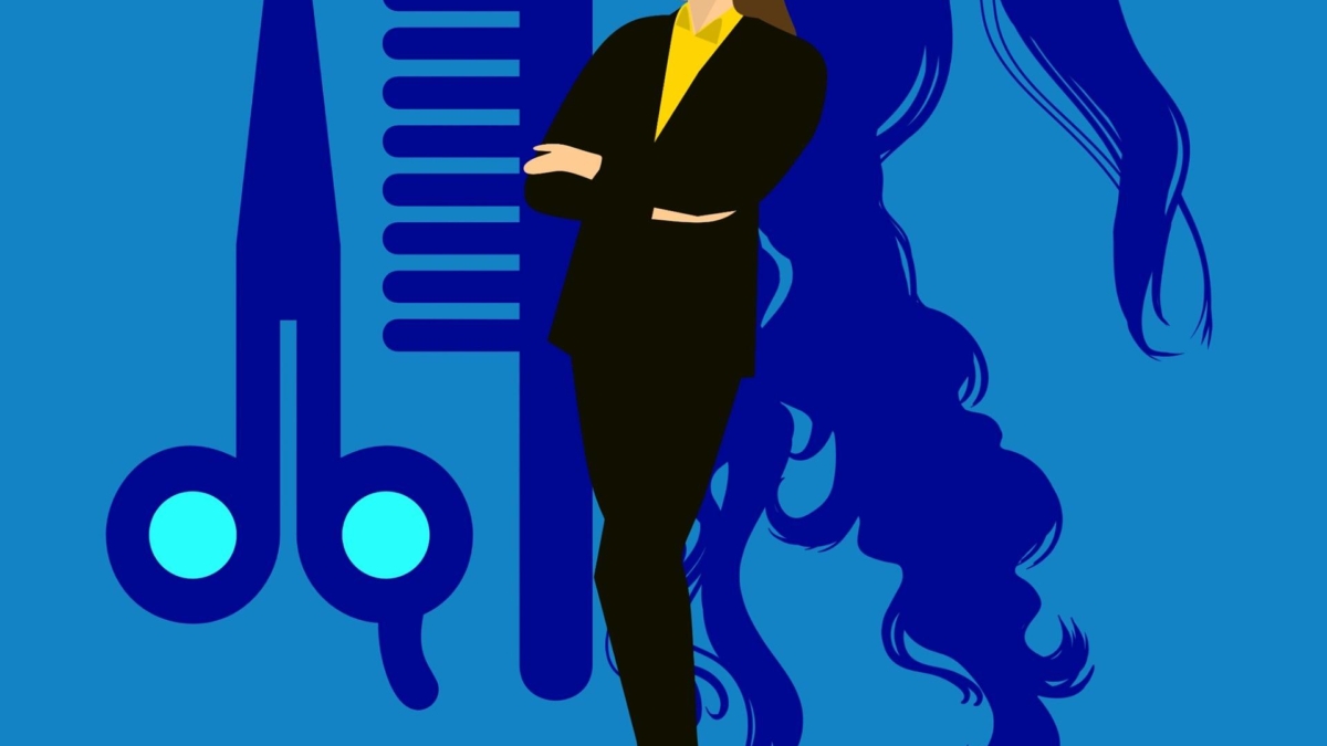 Illustration einer Friseurin mit Schere, Kamm und einer Haarsträhne im Hintergrund.