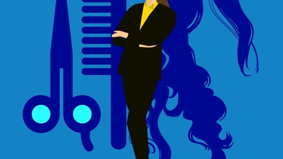 Illustration einer Friseurin mit Schere, Kamm und einer Haarsträhne im Hintergrund.