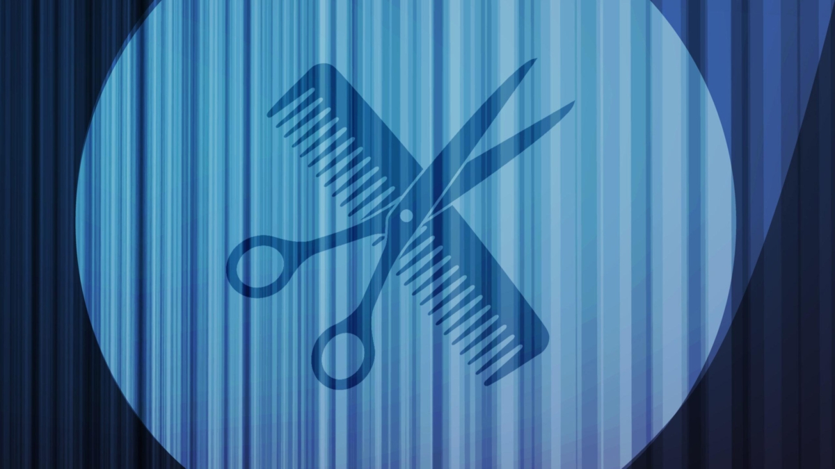Grafisches Symbol mit Schere und Kamm auf blauem Hintergrund.