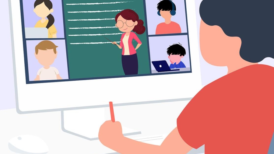 Illustration eines Schülers, der an einem Online-Unterricht mit mehreren Teilnehmern auf einem Computer teilnimmt.