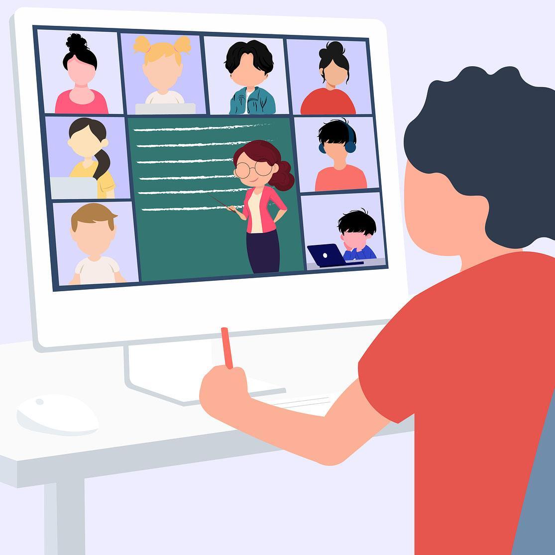 Illustration eines Schülers, der an einem Online-Unterricht mit mehreren Teilnehmern auf einem Computer teilnimmt.