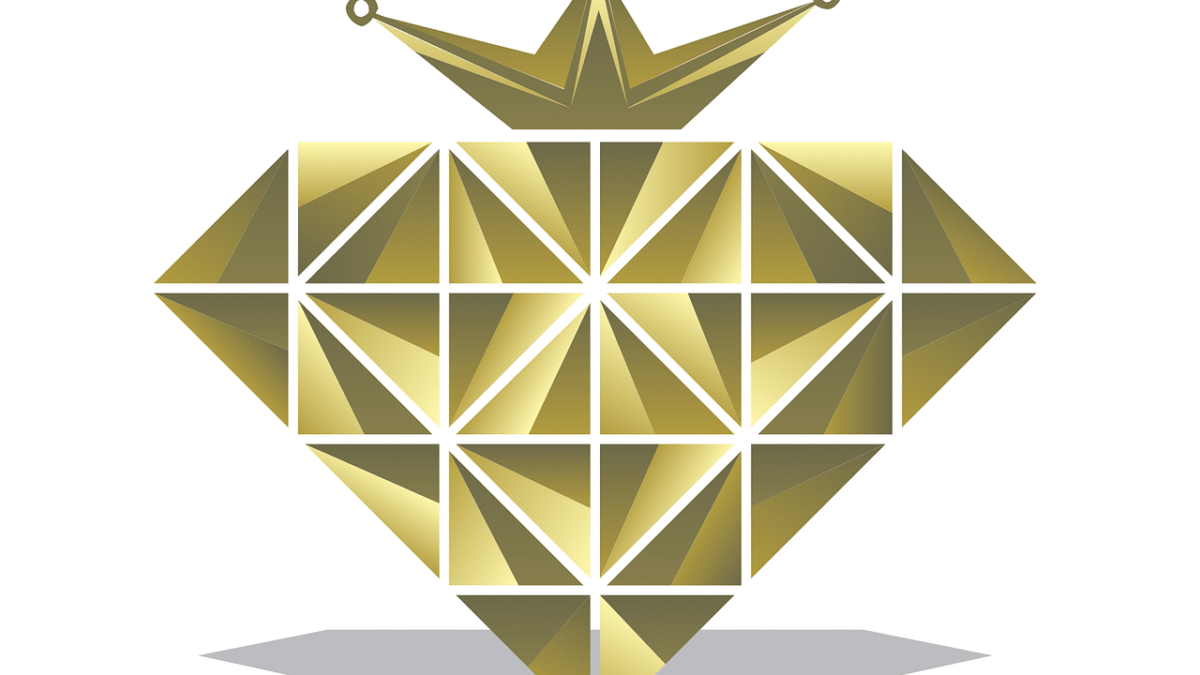 Grafisches Design eines Diamanten in Gold mit einer Krone oben drauf, in geometrischem Stil.