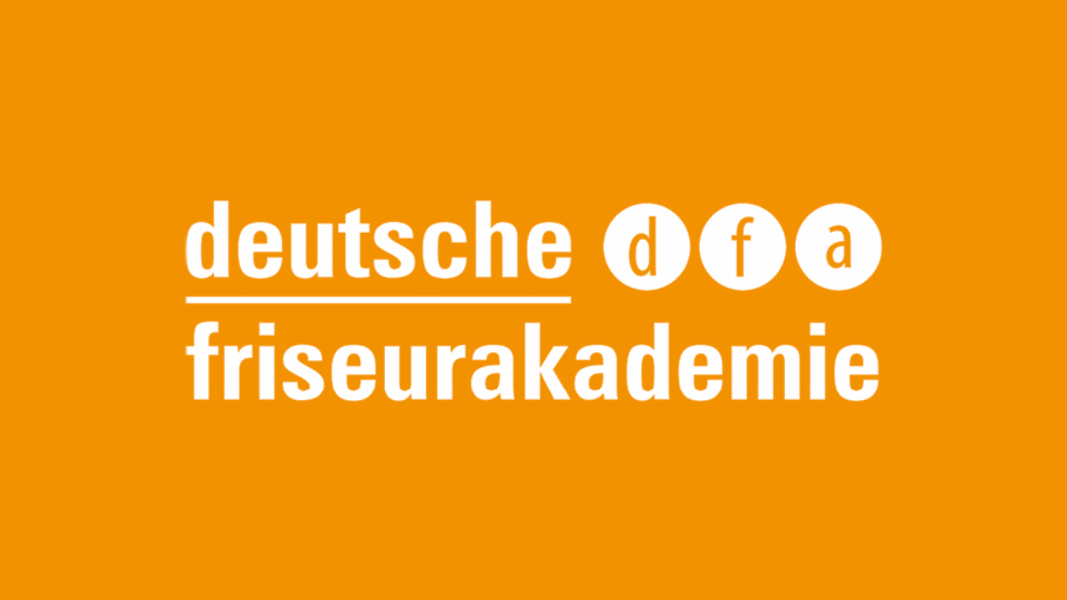 Orangenes Hintergrundlogo der Deutschen Friseurakademie mit weißem Schriftzug und runden Buchstaben-Icons, klares Markenbild