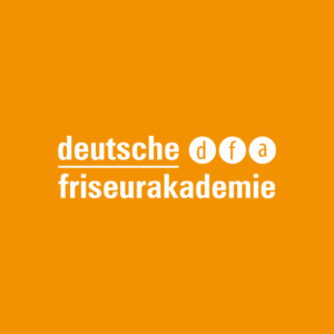Orangenes Hintergrundlogo der Deutschen Friseurakademie mit weißem Schriftzug und runden Buchstaben-Icons, klares Markenbild