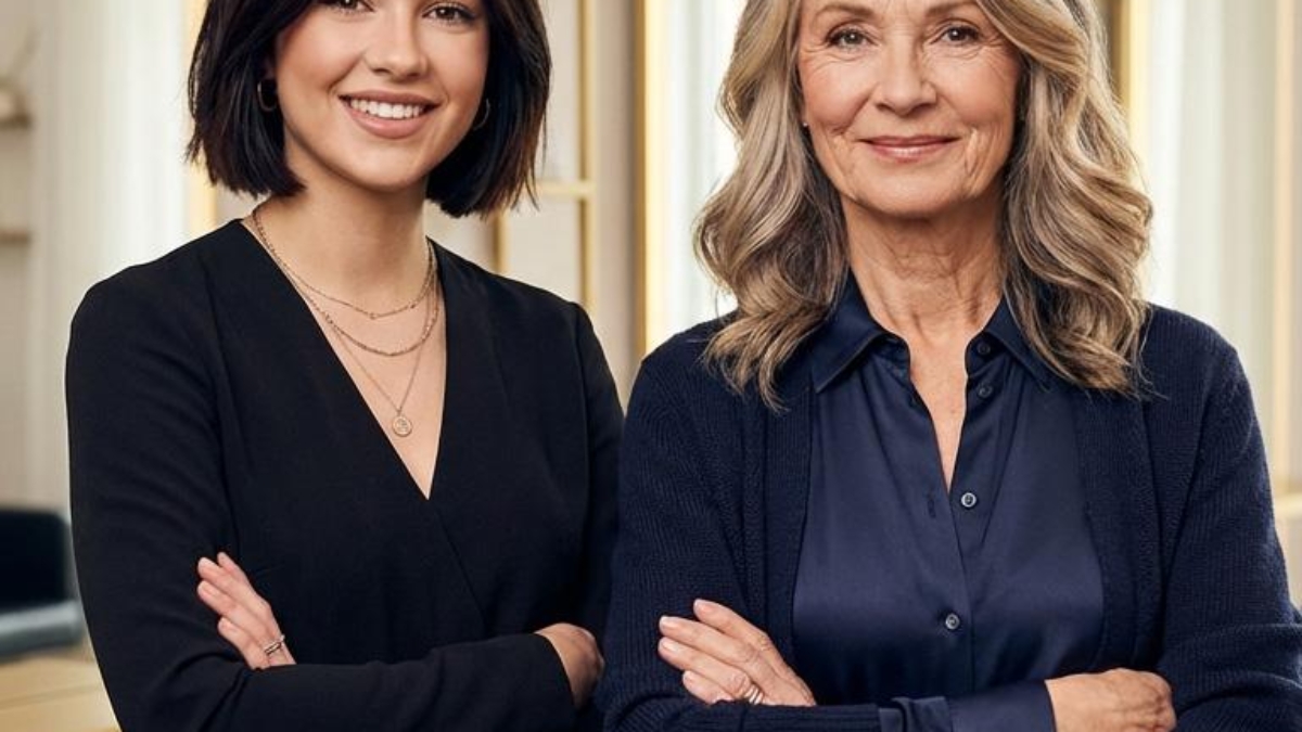 Zwei Frauen, eine jüngere und eine ältere, stehen nebeneinander mit verschränkten Armen in einem Friseursalon.