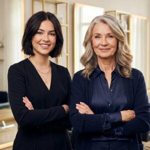 Zwei Frauen, eine jüngere und eine ältere, stehen nebeneinander mit verschränkten Armen in einem Friseursalon.