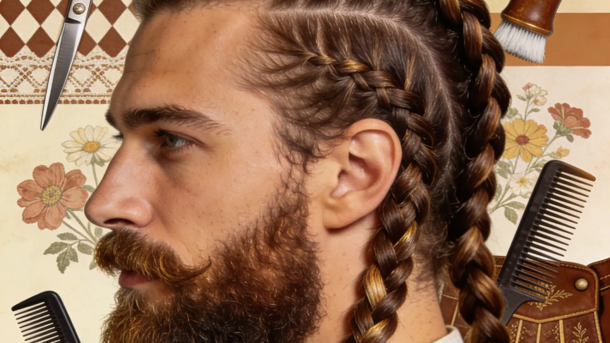 Mann mit braunen Haaren, Zöpfen und dichtem Bart; Vintage-Friseur-Setting mit Scheren, Kamm, Pinsel und floraler Tapete, Bayern-inspiriertes Styling