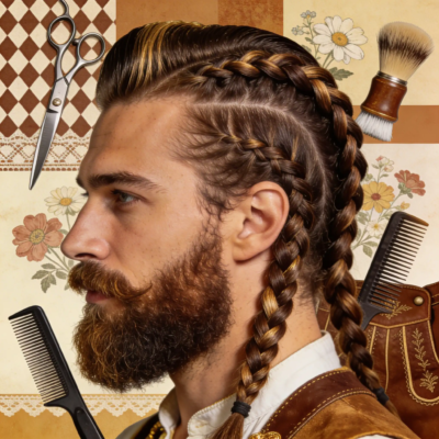Mann mit braunen Haaren, Zöpfen und dichtem Bart; Vintage-Friseur-Setting mit Scheren, Kamm, Pinsel und floraler Tapete, Bayern-inspiriertes Styling