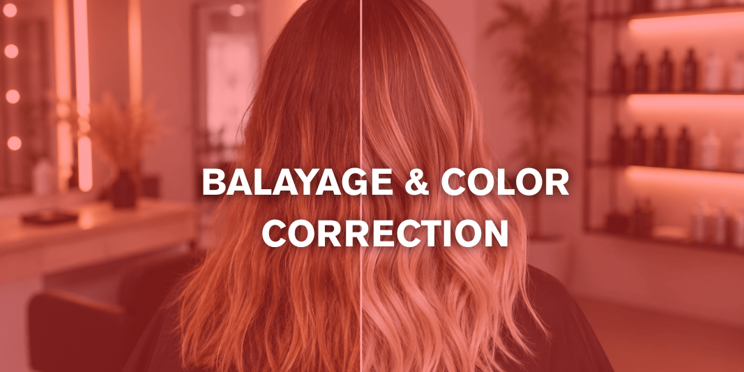 Im Friseursalon wird Balayage & Color Correction an langem, welligem Haar gezeigt, mit sanften Farbverläufen und einem natürlichen Blondton im Verlauf.